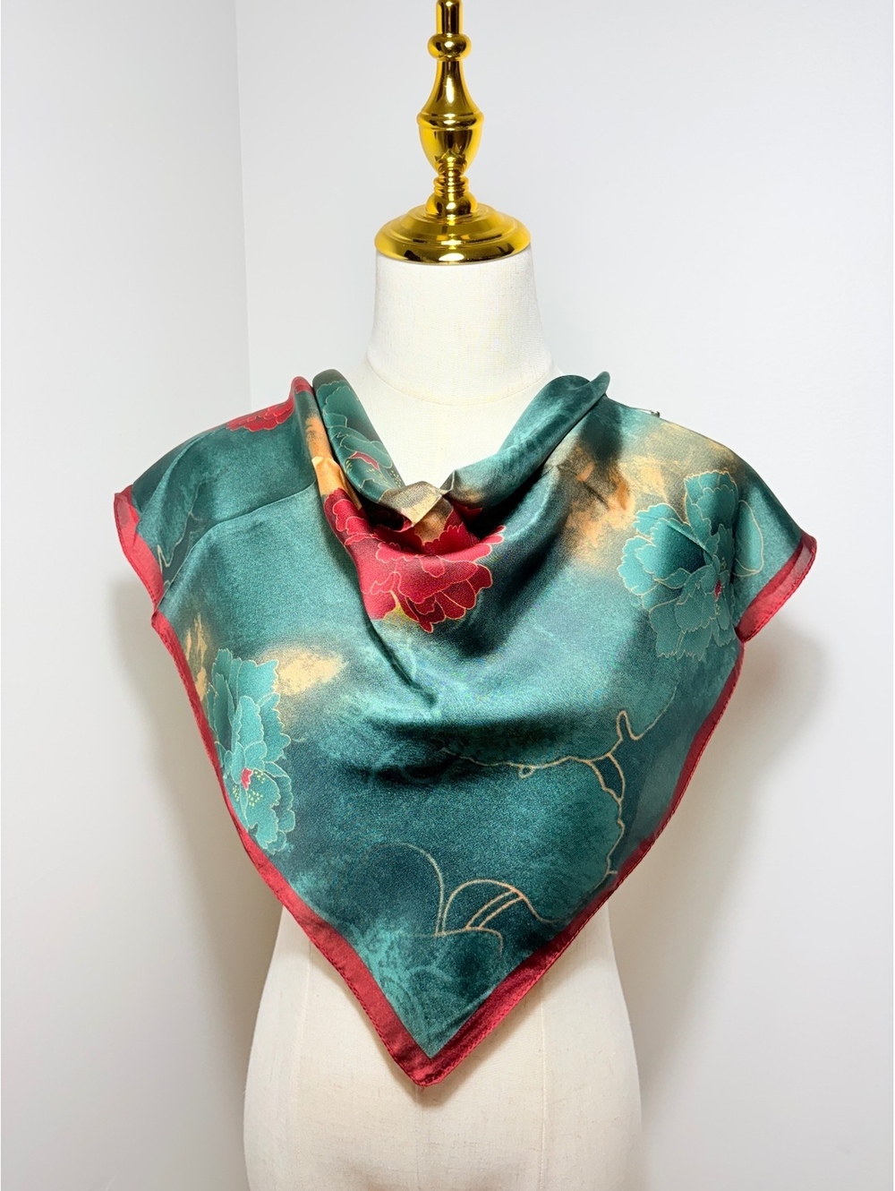 Elegant Square Satin Polyester Scarf with Vibrant Red and Teal Floral Pattern,